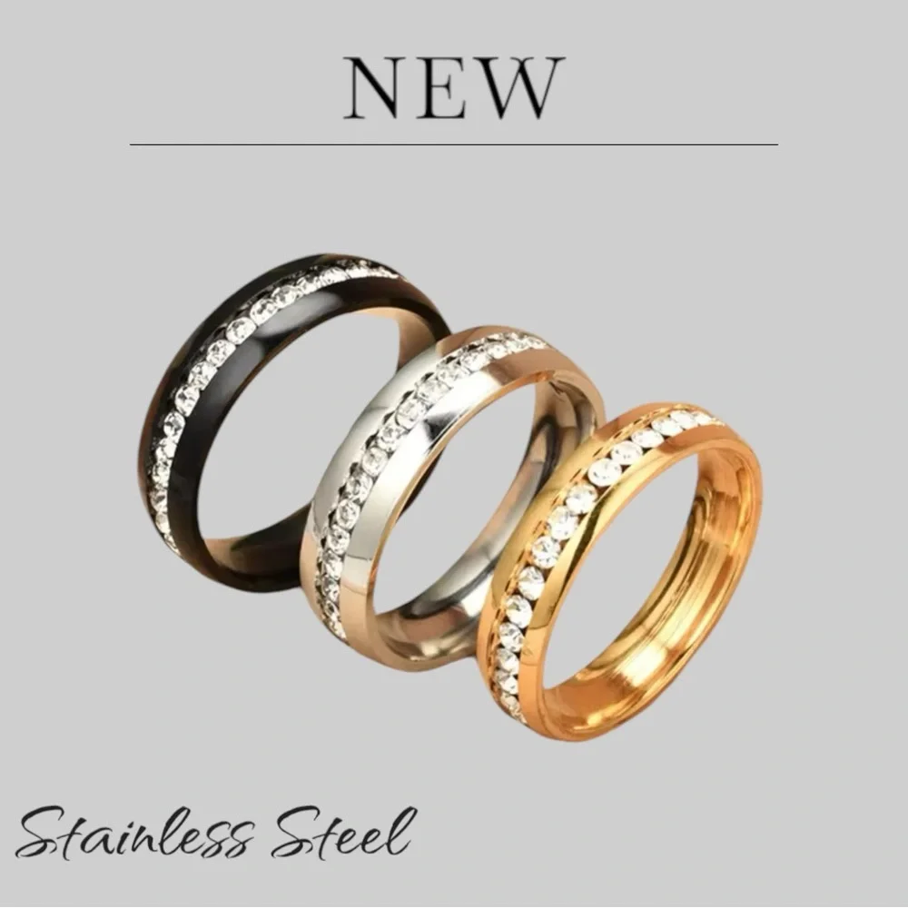 New Stainless Steel Unisex Engagement Ring Black or Gold Band CZ Row Inlay - Picture 6 of 9